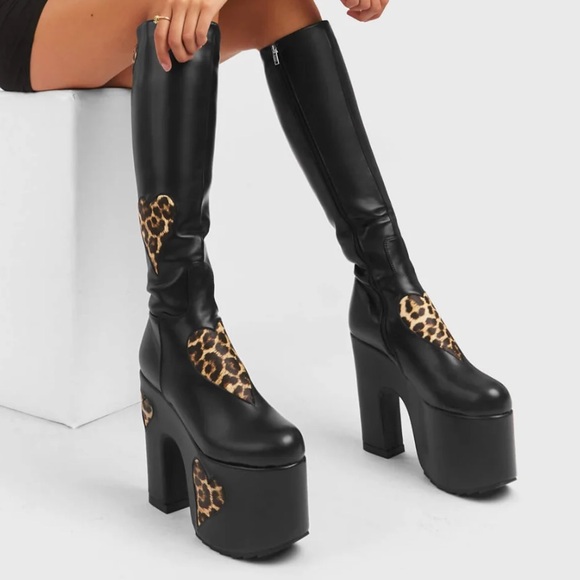BNIB Lamoda Leopard Print Glass Heart Chunky Platform Knee High Boots - Picture 3 of 6